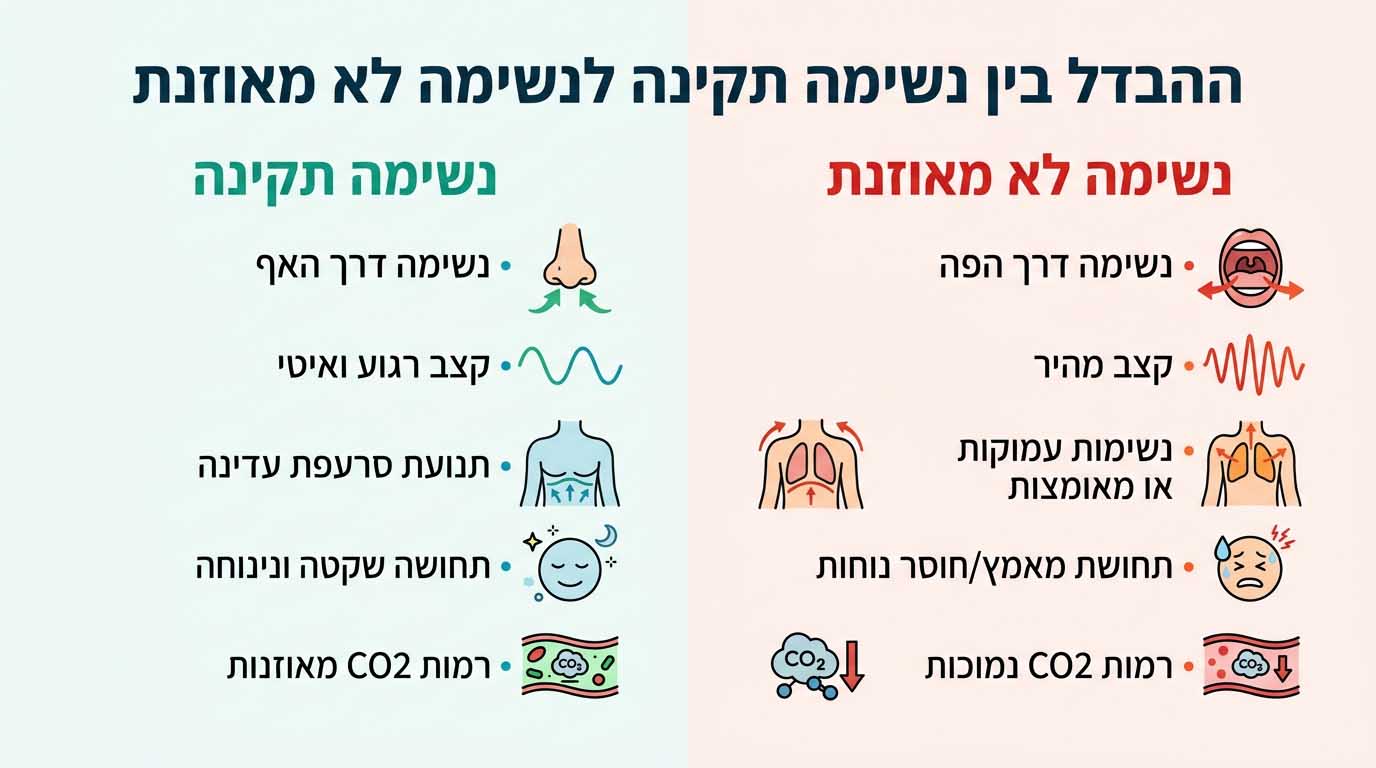 השוואה בין נשימה תקינה לנשימה לא מאוזנת כולל קצב נשימה, דרך נשימה ורמות פחמן דו חמצני