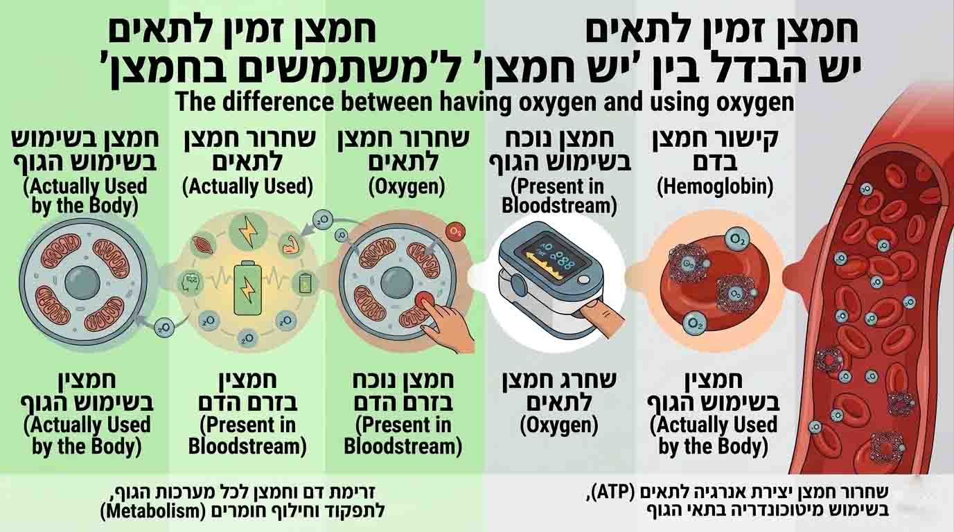 השוואה בין חמצן בדם לחמצן זמין לתאים כולל תפקיד ההמוגלובין ושחרור חמצן לרקמות