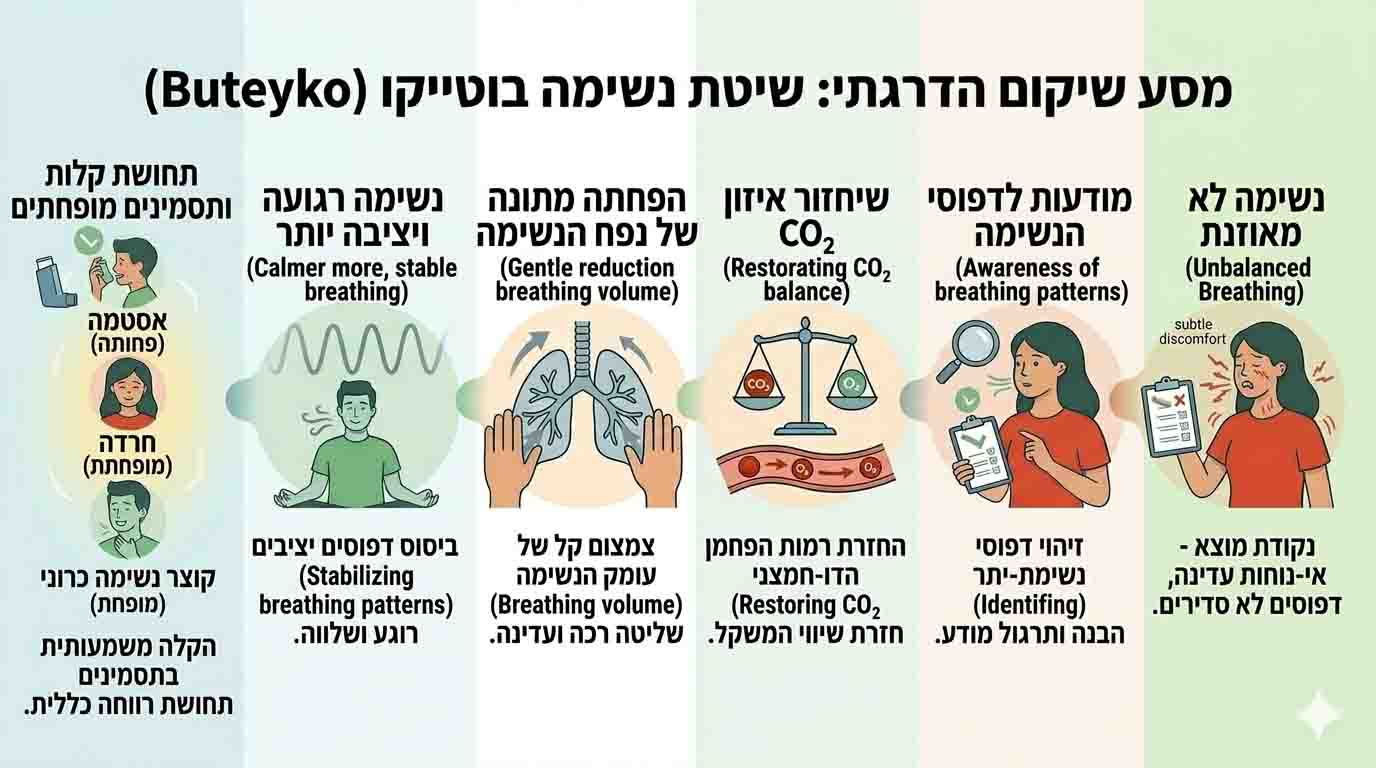 תהליך שיפור נשימה בשיטת בוטייקו הכולל איזון CO2, הפחתת נשימת יתר וייצוב הנשימה