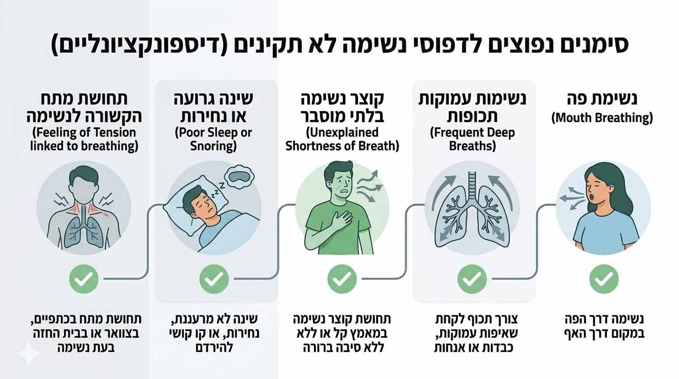 סימנים לדפוס נשימה לא מאוזן כולל נשימת פה, קוצר נשימה ונשימות עמוקות תכופות